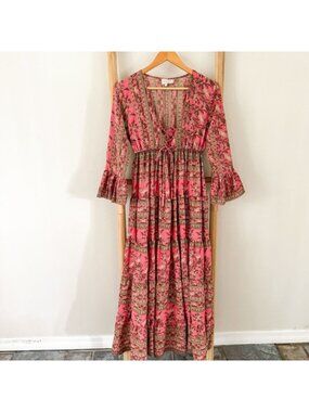 Anthropologie Boemo Pink Floral Boho Maxi Dress Small Bell Sleeve Cottagecore